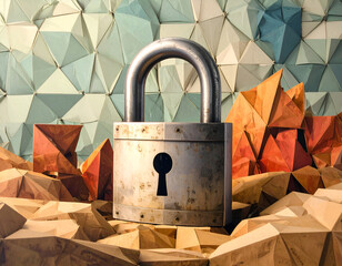 Artistic golden padlock over colorful geometric background, symbolizing security and protection. Generative AI