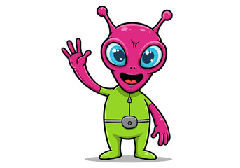 Cartoon Alien Waving with Green Suit and Pink Skin