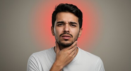 Fototapeta premium Man with sore throat touching neck feeling pain sick with illness health problem and inflammation symptom -
