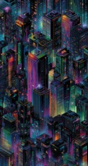 Fototapeta premium Isometric cityscape at night, vibrant neon lights illuminate diverse skyscrapers, creating a dense, futuristic urban landscape