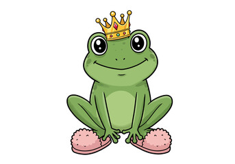 Cartoon Frog Princess with Crown and Slippers Illustration
