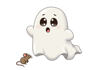 Cartoon Ghost Scared by a Mouse Illustration