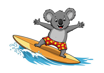 Cartoon Koala Surfing with Red and Yellow Polka Dot Shorts © Aliwama