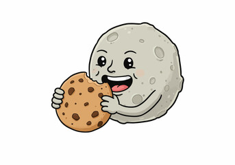 Cartoon Moon Character Eating a Chocolate Chip Cookie