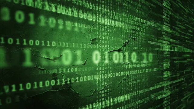 Green textured background with binary code overlay and cracked surface pattern design