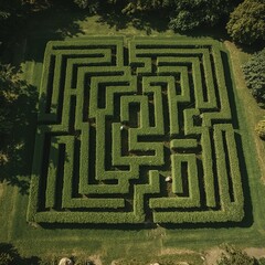Naklejka premium Aerial view of a perfectly trimmed hedge labyrinth surrounded by lush grass and trees.
