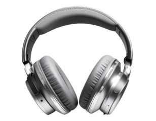  Tilted Side View of Silver DJ Headphones with Cushioned Earpads, Floating over Transparency