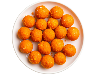  Top View of White Ceramic Plate with Round Orange Ladoo Sweets, Neatly Arranged, Transparent Background