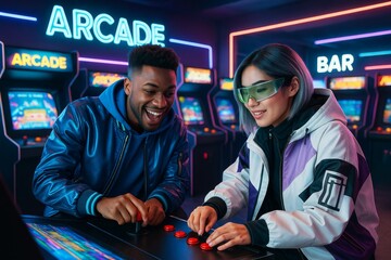 Friends enjoying retro arcade games in neon-lit gaming center with vibrant nightlife background, showcasing fun lifestyle and light concept. Ai generative