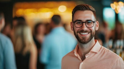 Obraz premium Portrait of a friendly and confident businessman smiling and engaging in conversation at a professional networking event
