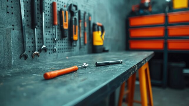 An assortment of construction tools and equipment neatly arranged on a sturdy workbench in a tidy organized workshop environment The tools include wrenches screwdrivers hammers pliers drills clamps
