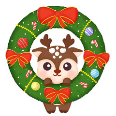 Cute reindeer with Christmas wreath.