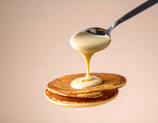 Golden syrup drizzling from a spoon onto fluffy pancakes, creating a tempting breakfast scene. Generative AI