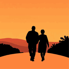 Senior couple walking hand in hand on a sunset road  