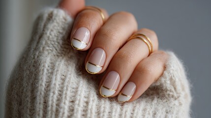 Hand with French manicure featuring gold accents and beige sweater