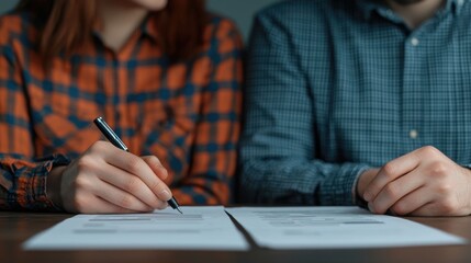 Two professionals having a collaborative discussion while reviewing financial charts documents and data on an office desk as part of their business planning and decision making process