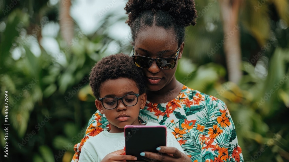 Poster portrait of a tech savvy child guiding and teaching their parent how to use a new electronic device 