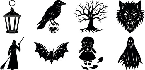 Black and white halloween vector silhouette set with spooky icons.