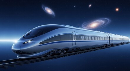 Futuristic High-speed Train Moving Through Space with Galaxies and Stars in Background