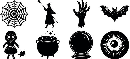 Black and white halloween vector silhouette set with spooky icons.