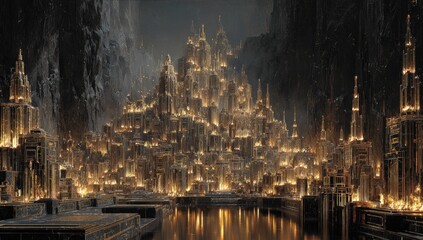 Obraz premium A sprawling, golden city nestled between imposing, dark cliffs, illuminated by countless warm lights, reflecting on a calm, dark water. Docks and barges line the waterfront