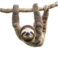 Fototapeta premium Adorable Sloth Hanging from Tree Branch in Rainforest, isolated on a transparent background