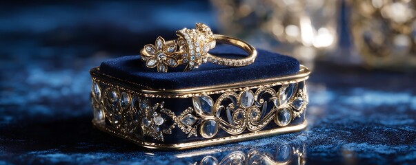 Jewelry set on deep navy crushed velvet with mirrored crystal tray