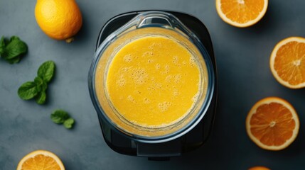 Closeup of a blender filled with fresh orange lemon and mint ingredients for making a healthy and nutritious smoothie on a dark minimalist background