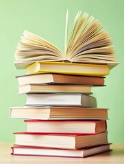Open book and stack of hardcover books on the table. Concept back to school, education, library.
