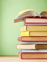 Fototapeta premium Open book and stack of hardcover books on the table. Concept back to school, education, library.