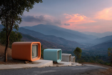 modern ecohotel featuring sleek capsule homes set against stunning sunset backdrop