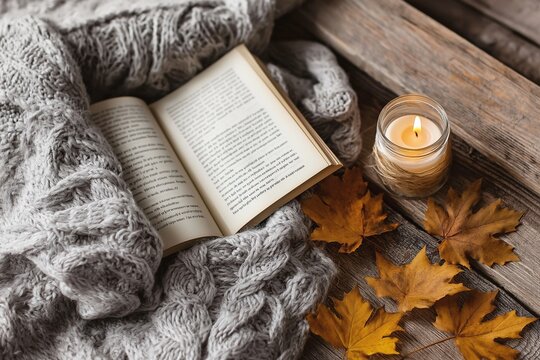 Cup of hot coffee, open book and autumn leaves on wooden background, autumn coziness concept.