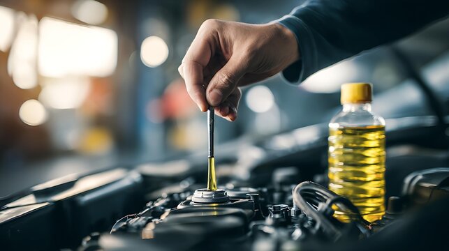 Close-up of a hand checking engine oil levels in a vehicle, with a bottle of motor oil in the background.