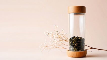 Minimalist clear glass tea infuser bottle with natural wooden accents and loose leaf tea on soft pink background
