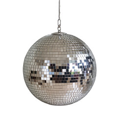 Fototapeta premium Silver disco ball hanging on black background party decoration night club, isolated on a transparent background