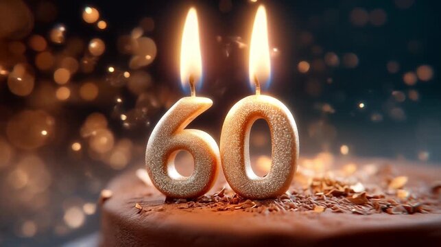 60th birthday warm glowing candles on chocolate cake during party