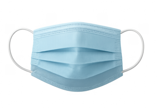 Light blue surgical mask on transparent background preventing coronavirus transmission