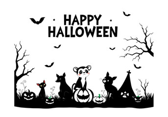 Charming and Cute Happy Halloween Day Silhouette Vector Illustration with a Variety of Adorable Animals on a Transparent Background.