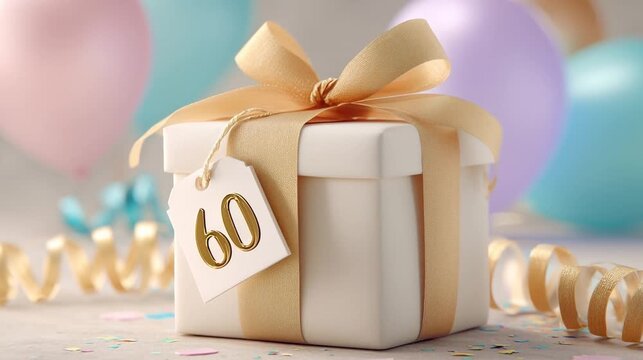 60th birthday white gift box with gold ribbon and tag in celebration