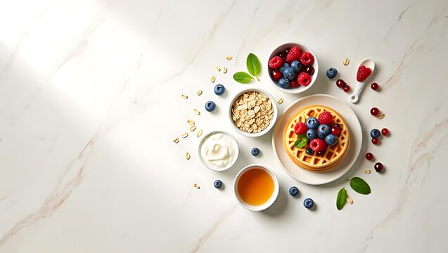 Delicious golden waffles with fresh mixed berries, yogurt, honey, and oats arranged on a white marble surface for breakfast.