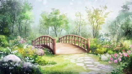 Fototapeta premium Lush garden, wooden bridge, serene