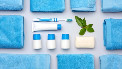 Neatly organized flat lay of fresh blue towels, toothpaste, toothbrush, soap, and small white bottles with a green leaf on a clean grey background.