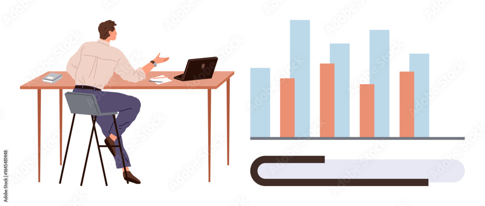 Poster professional man working on laptop at desk, gesturing while analyzing data. bar graph and book symbo