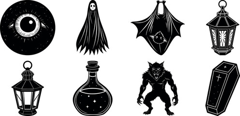 Black and white halloween vector silhouette set with spooky icons.