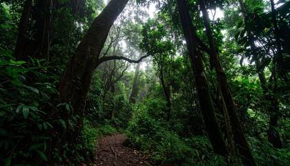 Obraz premium People trekking through a lush tropical rainforest, surrounded by dense foliage, tall trees, hanging vines, and misty morning light, capturing an immersive adventurous scene