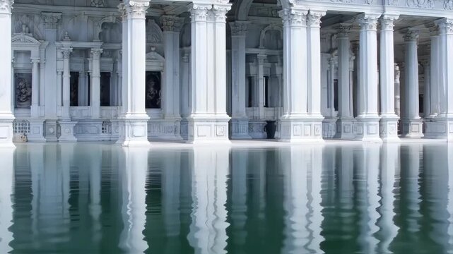 White colonnaded structure reflected in rippling water