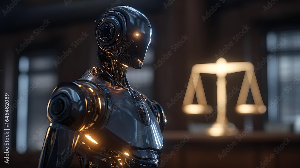 Poster a futuristic humanoid robot with a polished metallic surface, illuminated against a soft background 