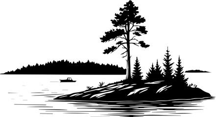 Fototapeta premium Rustic Small Island with Pine Trees in a Lake - Vector Illustration