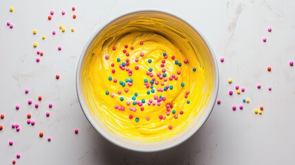Overhead view of a mixing bowl filled with a creamy yellow batter swirling and splattered with a vibrant array of multicolored sprinkles or confetti on the side