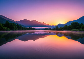 Lake reflecting mountains at sunrise with colorful sky